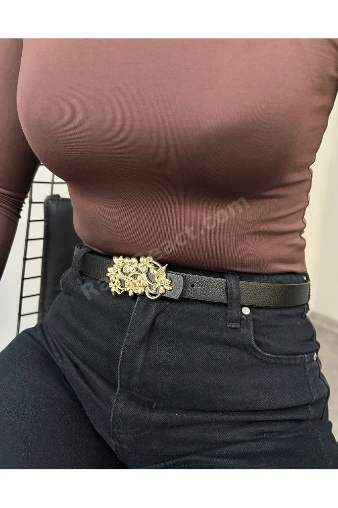 Kadın Gold Papatya Desenli Tokalı Kemer Bel Kemeri Ceket Kemeri Elbise Kemeri Pantolon Kemeri Unisex