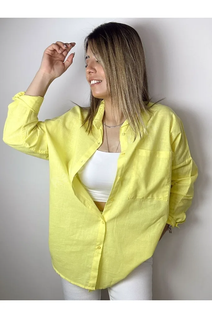 Kadın Oversize Keten Gömlek Yeni Sezon Yazlık Keten Gömlek SARI