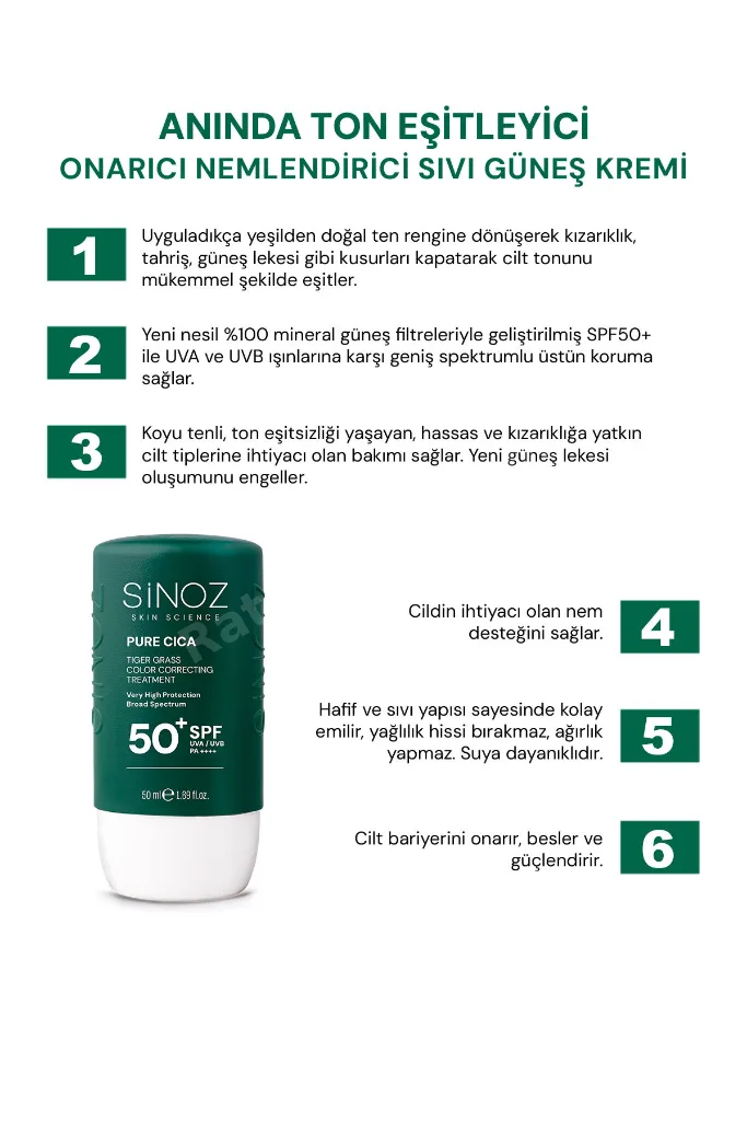 Pure Cica Tiger Grass Anında Ton Eşitleyici Onarıcı Nemlendirici SPF50+ Sıvı Yüz Güneş Kremi PA++++ (Koyu Tenler İçin)