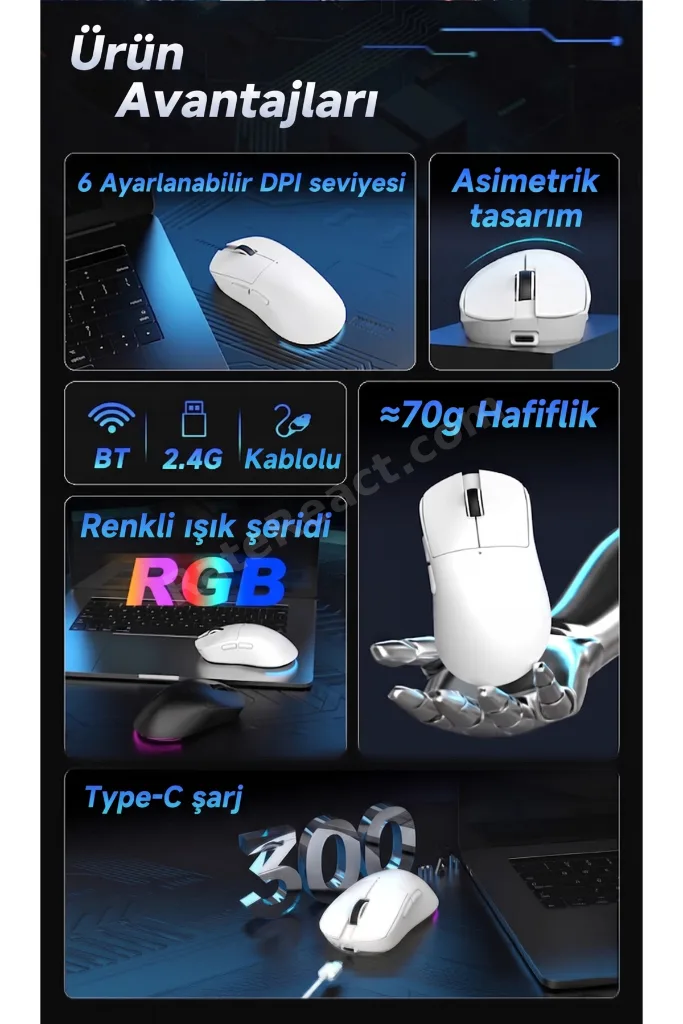 NJ08 MC Kablosuz 3 Modlu RGB Oyuncu Mouse 24.000 DPI Paw 3311 Sensör