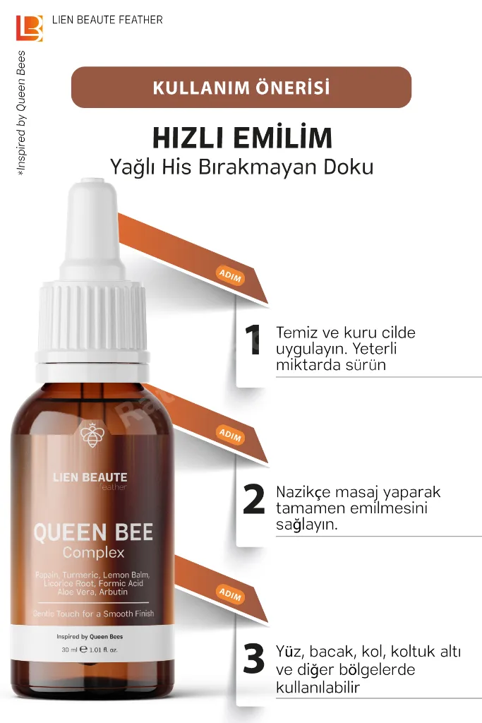 Kraliçe Arı Tüy Azaltıcı ve Ton Eşitleyici Serum Formik Asit Papaya Zerdeçal Limon Otu