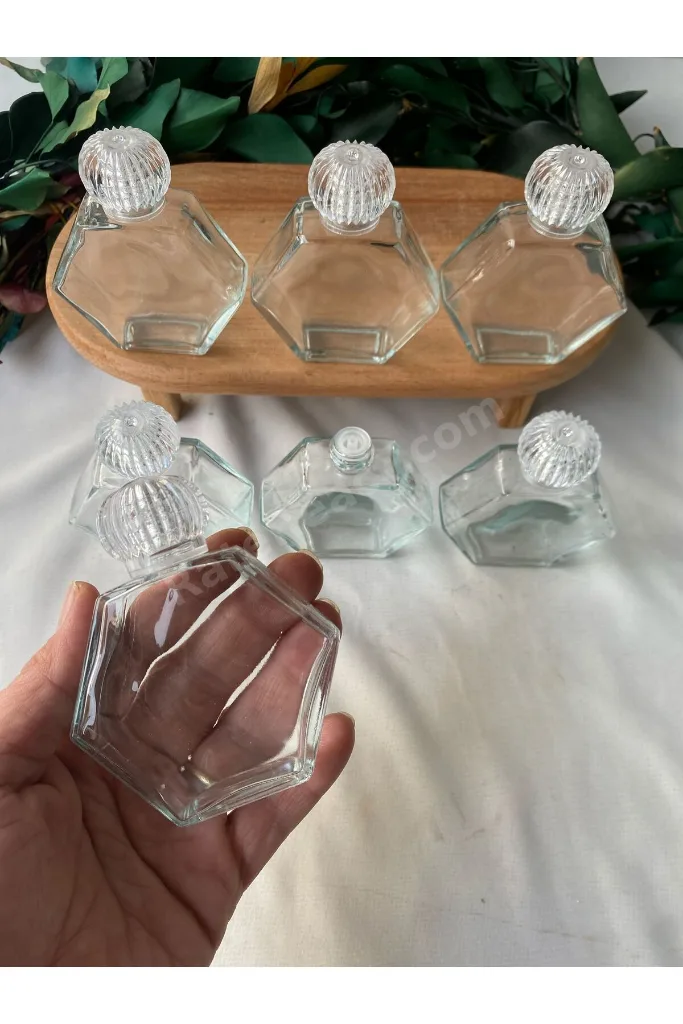 Cam Altıgen Kolonya Şişesi Süssüz ,Düğün,Nikah, Söz Nişan Hediyelik 10 Adet (Çap 7 cm-Uzunluk 9cm)