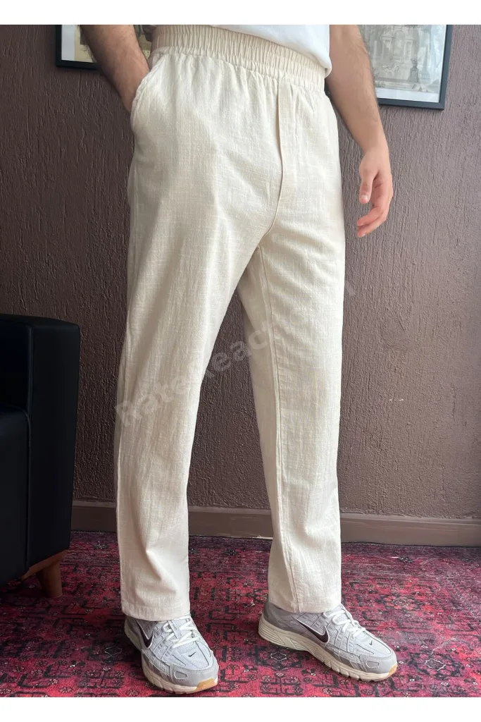 Erkek Yazlık Beli Lastikli 3 Lü Rahat Kalıp Baggy Keten Pantolon