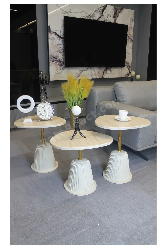 Torino Zigon Sehpa Traverten Mdf (Komple Krem - Gold) - Zigon Sehpa 3'lü