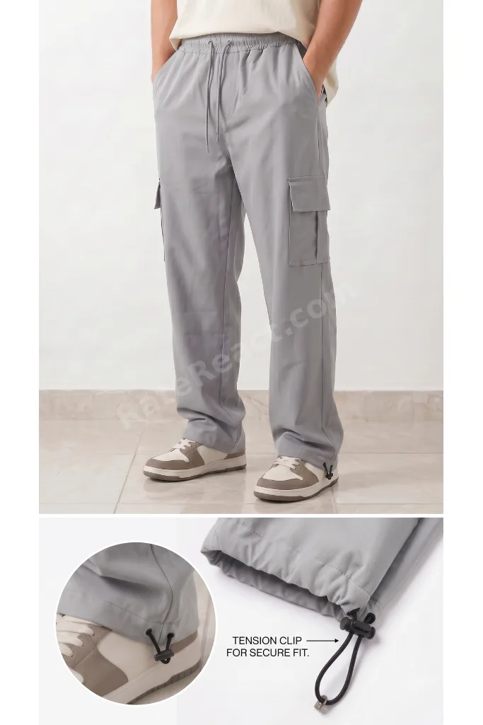Erkek Gri Paraşüt Kumaş Komando Cepli Klipsli (Ayarlanabilir paça) Baggy Eşofman Alt