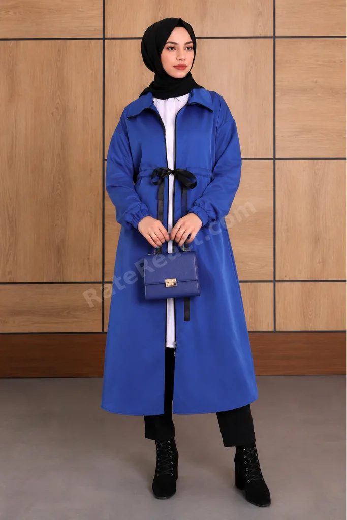 Oversize Modern Dik Yakalı Trenç - Saks