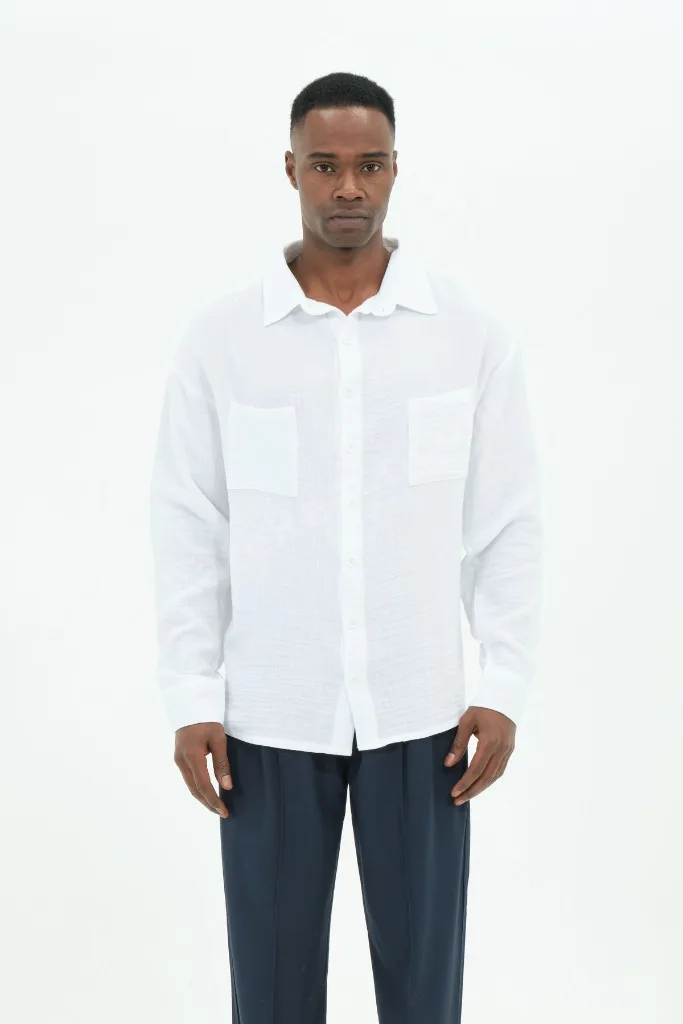 2XS-10XL %100 Pamuk Cepli Müslin Erkek Beyaz Gömlek