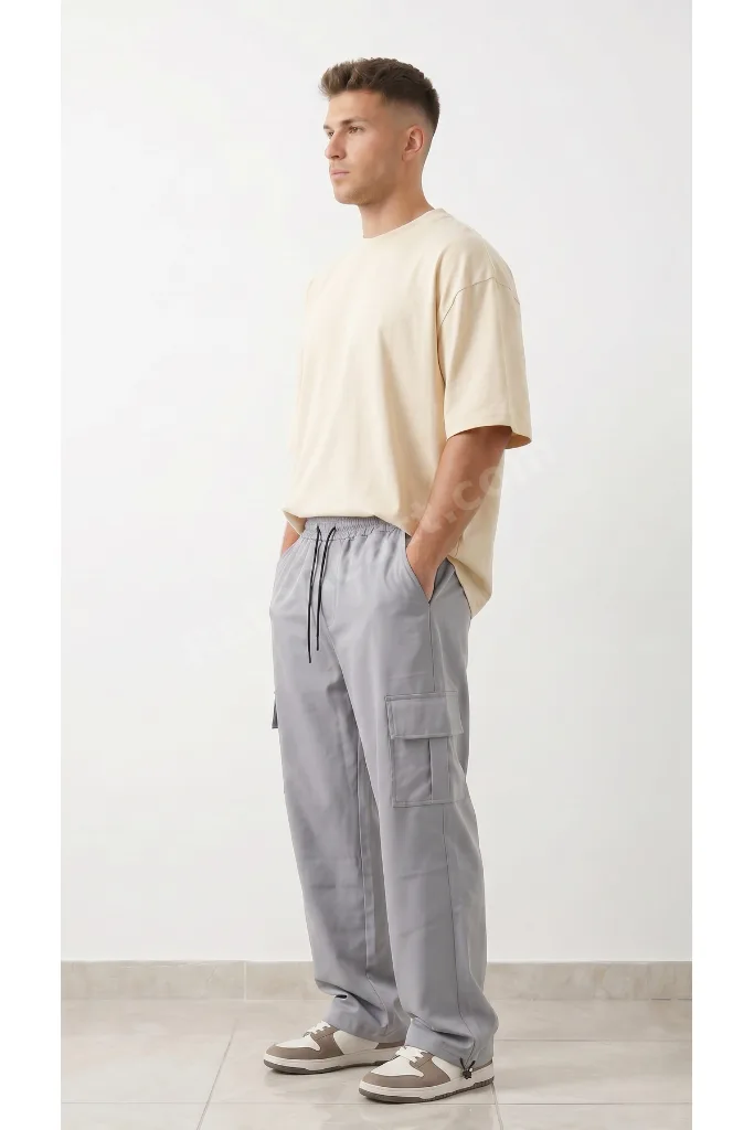 Erkek Gri Paraşüt Kumaş Komando Cepli Klipsli (Ayarlanabilir paça) Baggy Eşofman Alt