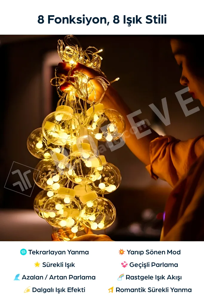 Dekoratif Işıklı 12toplu Perde Led Fişli Led Işık Top Led Yılbaşı Işığı