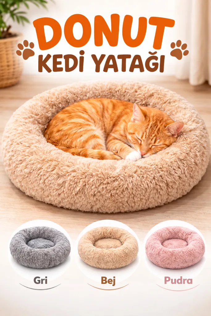 Donut Kedi Yatağı Peluş Kedi Minderi Yuvarlak Yumuşak Kedi Köpek Yatağı Gri Bej Pudra