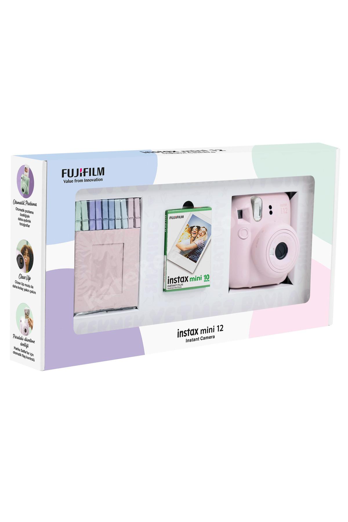 Instax mini 12 Pembe Fotoğraf Makinesi 10'lu Film ve Mandal Bundle Box