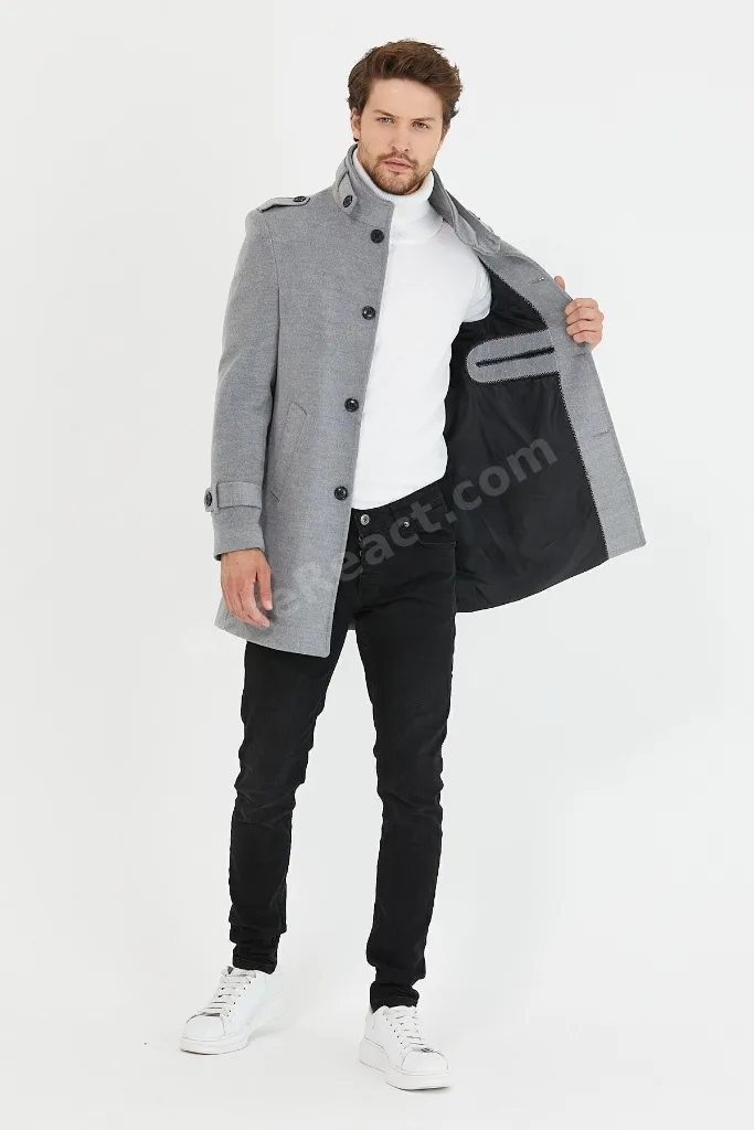 Erkek Açık Gri Dar Kesim Dik Yaka Uzun Yün Karışımlı Kaşe Kaban