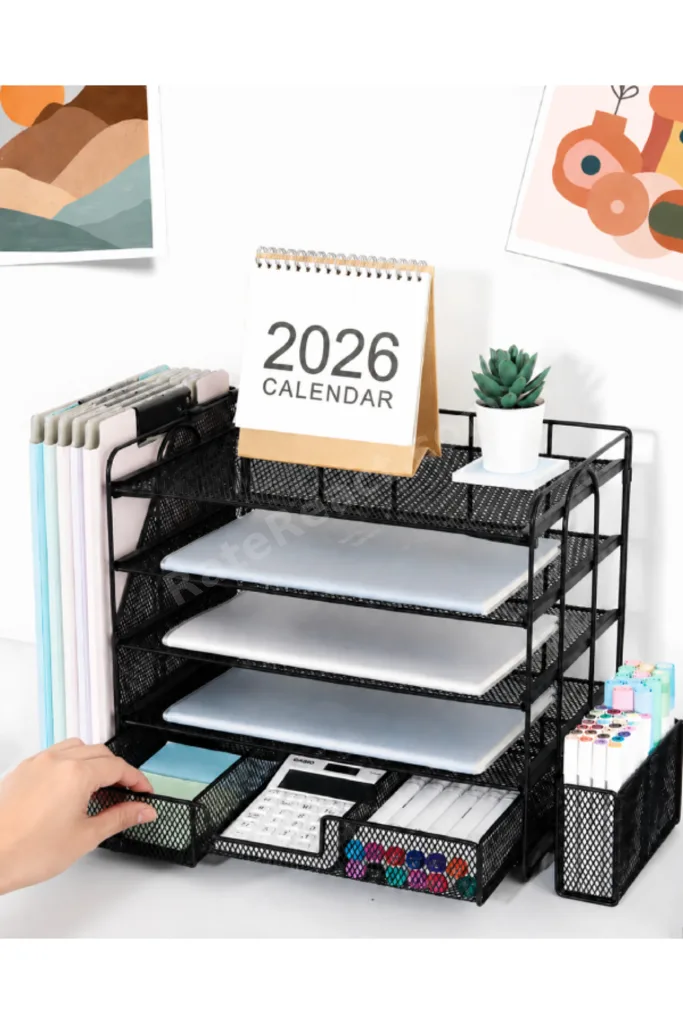 Siyah Metal Mesh 4 Katlı Masaüstü Organizer Dosyalık Çekmeceli Kalemlikli 34.5x22x30 cm 9209