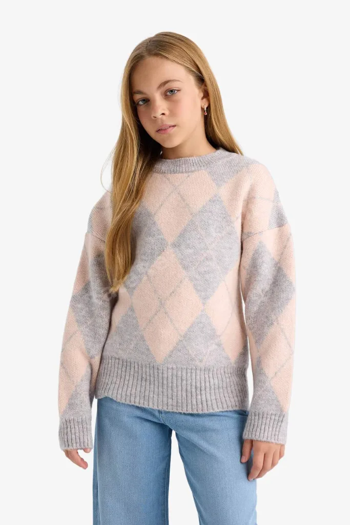 Oversize Geniş Kalıp Bisiklet Yaka Baklava Desenli Triko Kazak Kız Çocuk F5517A825WN