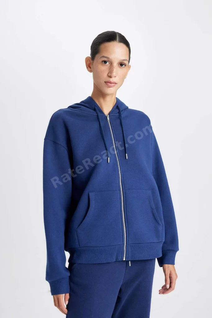 Relax Fit Kapüşonlu Cepli Basıc Fermuarlı Sweatshirt C1809AX24WN