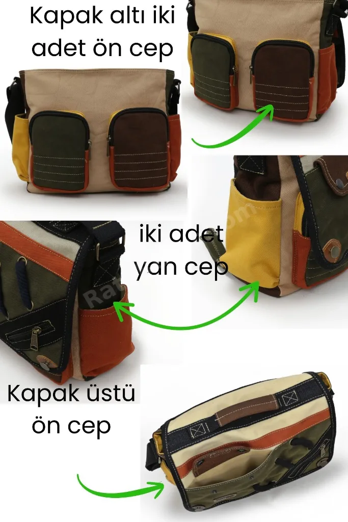 4017 Haki Krem 14" Laptop Pamuk Gabardin Postacı Okul Çantası Unisex Kilitli Çok Cepli Omuz Askılı