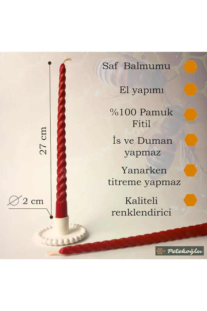 ElivoraSell Petekoğlu (4 Adet 27.5Cm) Balmumu Mum Konik Burgulu Balmumu Şamdan Mumu Doğal Petek Balm