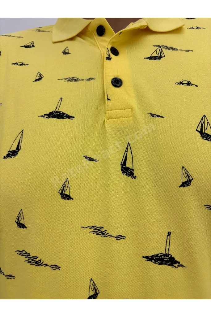 Büyük Beden Polo Yaka Düğmeli Yelken Figür Baskılı Erkek Tshirt