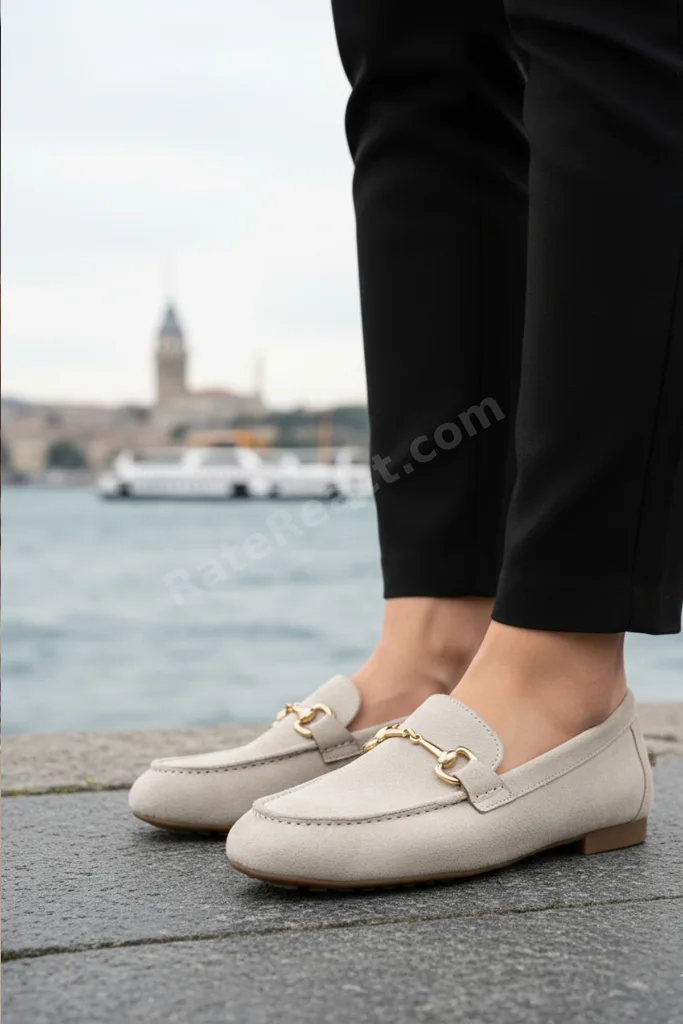 Kadın Bej Günlük İthal Süet Tokalı Loafer Casual Ortopedik Hafif Esnek Rahat Şık Kadın Ayakkabı