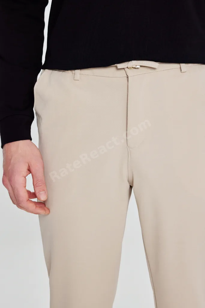 Erkek Bej Slim Fit Dar Kesim Beli Bağlamalı Yan Cepli Casual Jogger Pantolon
