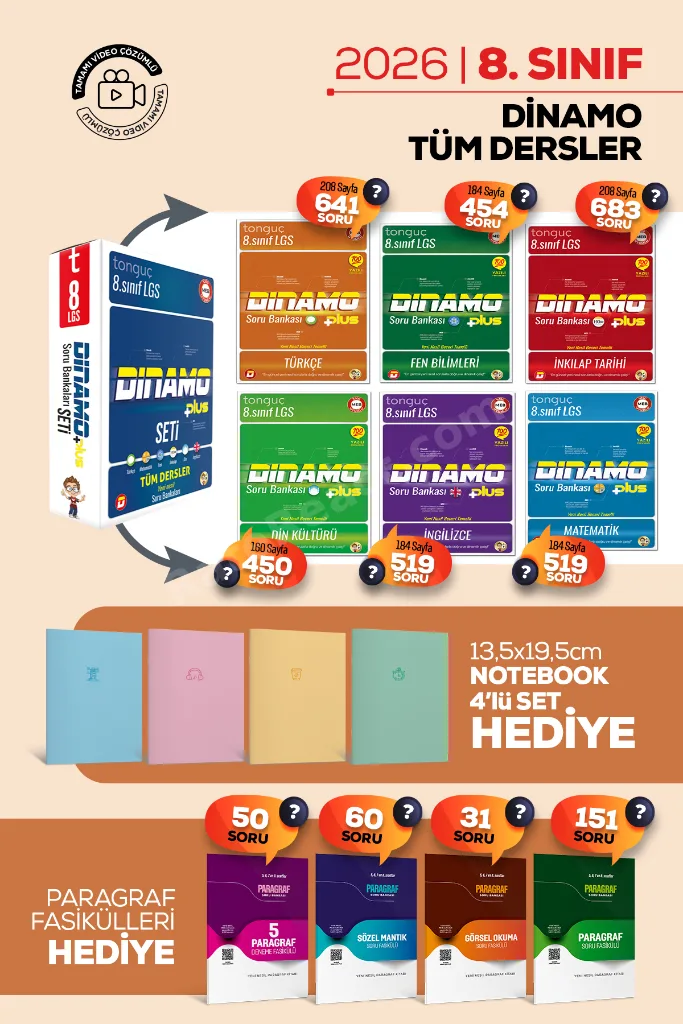 8. Sınıf Dinamo Tüm Dersler Soru Bankası Set + Video Çözümlü 4 Deneme Marka Yayınları+4 defter