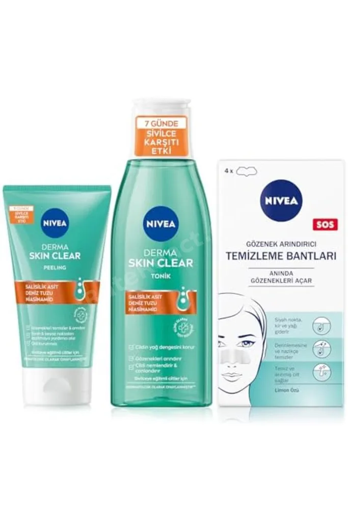 Derma Skin Clear Karşıtı Yüz Temizleyici Peeling 150ml + Tonik 200ml + Burun T-Bant 4 Adet