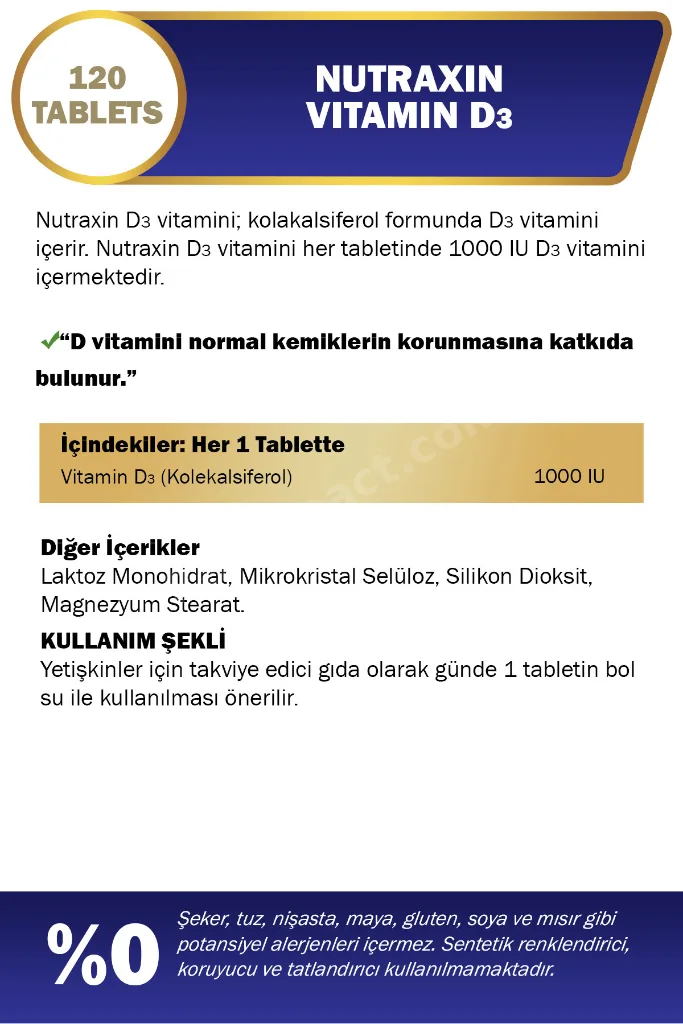 Vitamin D3 1000 IU 120 Tablet | Kolekalsiferol Formu | Kemik, Bağışıklık ve Kas Fonksiyonu Desteği