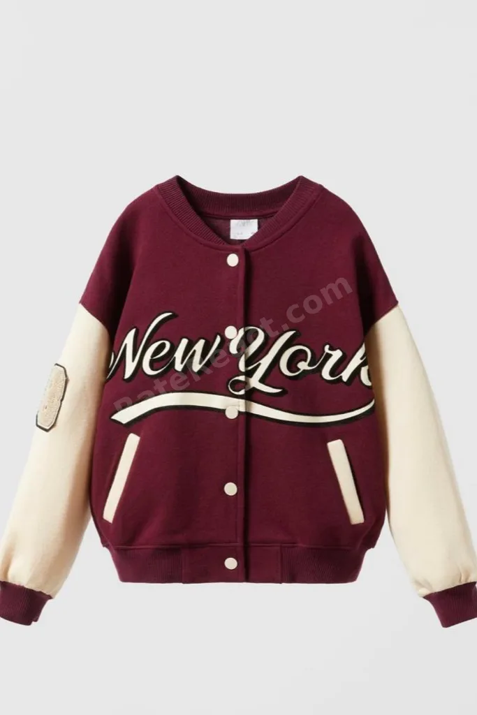 Unisex Çocuk Bordo Kolej Ceket Baskılı Varsity Ceket Düğmeli Spor Günlük Şık