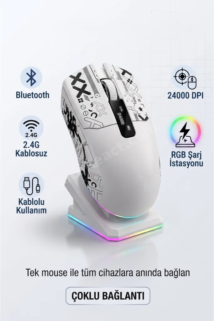Kablosuz Gaming Mouse Bluetooth 2.4G Kablolu 3 Mod Bağlantılı 24000 DPI RGB Şarj İstasyonlu Oyuncu Mouse