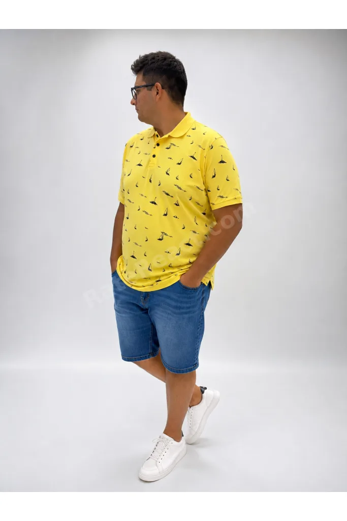 Büyük Beden Polo Yaka Düğmeli Yelken Figür Baskılı Erkek Tshirt