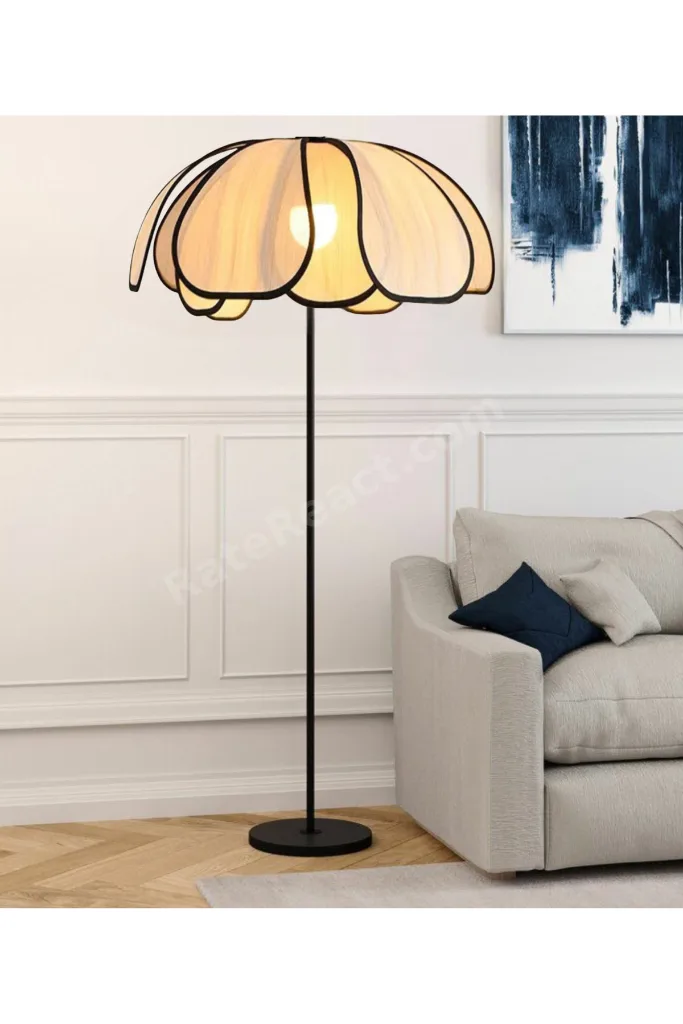 Boheme Modern Tasarım Palm Burenze Dekoratif Lambader Siyah Gövde Ekru Kumaş Abajur