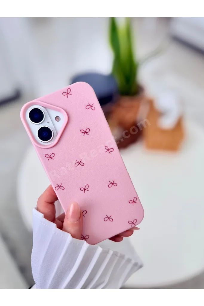 Iphone 16 Uyumlu Baskı Pembe Fiyonk Tasarımlı Esnek Koruyucu Silikon Kılıf