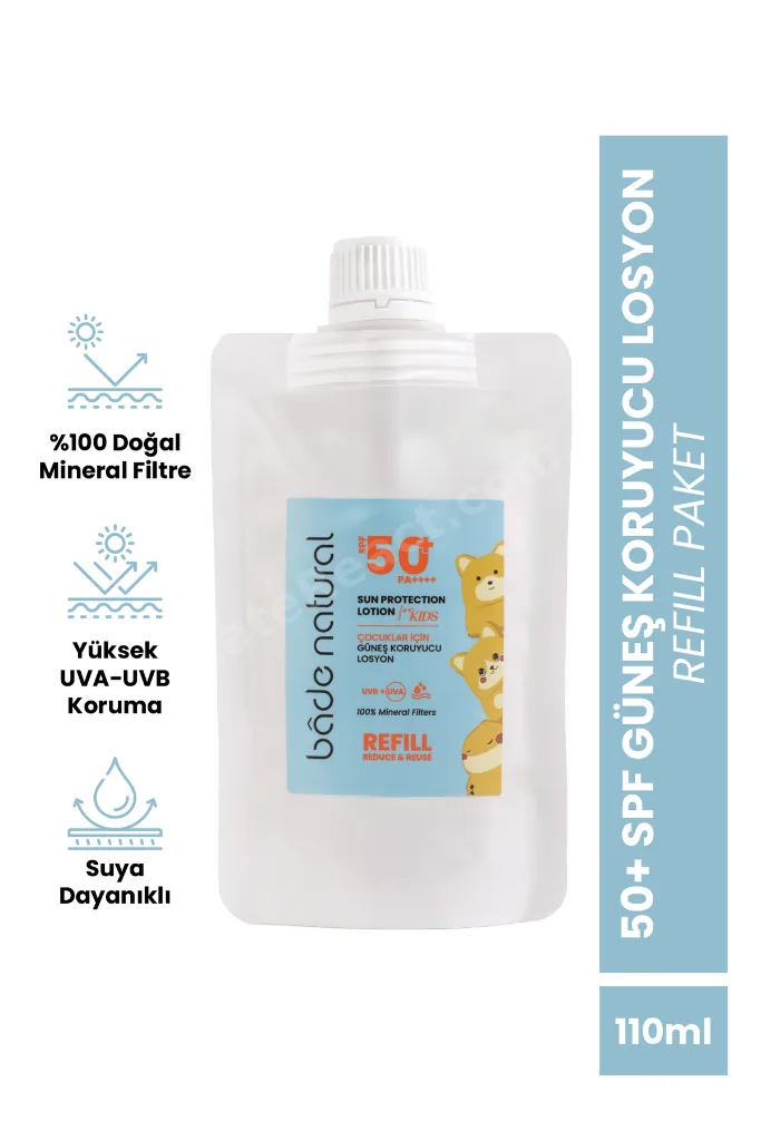 Çocuk Güneş Koruyucu Losyon 50+ SPF Yüksek Korumalı %100 Doğal Refill Paket 110 ml