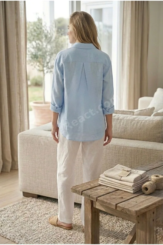 Doğal Keten Kumaş Oversize Salaş Kalıp Kadın Gömlek –Rahat Kesim BEBEMAVİSİ