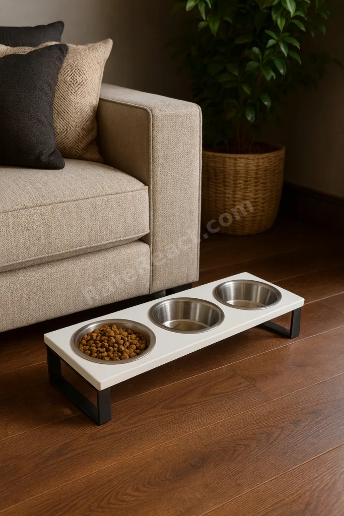 Kedi Mama Su Kabı Seti – 10° Eğimli Standlı 3’lü Çelik Mama Kabı, Kediler İçin