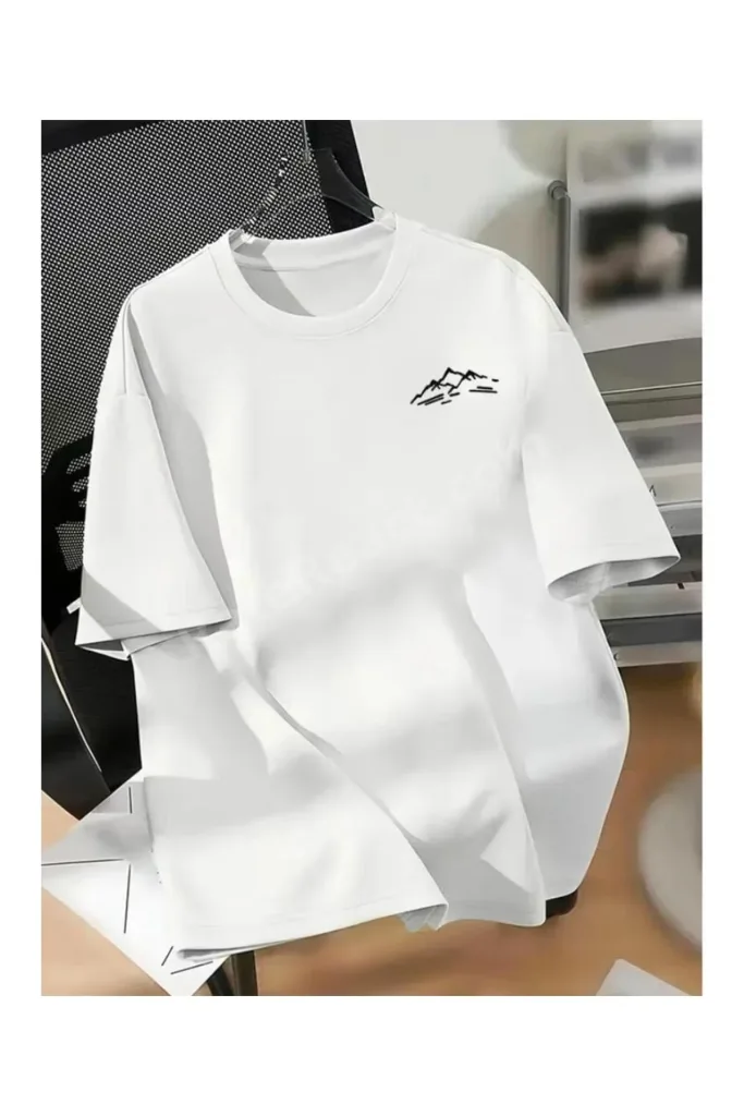 Keb 1.Kalite Baskılı Oversize T-shirt Günlük Tişört Trend Moda ve Modern Stil STYEL %100 Organik Pamuk Relaxed Fit Yırtmaçlı Yuvarlak Yakalı