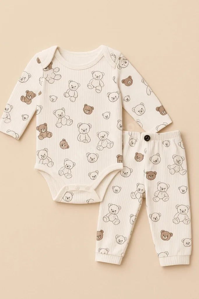 2li Ayı Desenli %100 Pamuklu Unisex Bebek Body Pantolon Takım