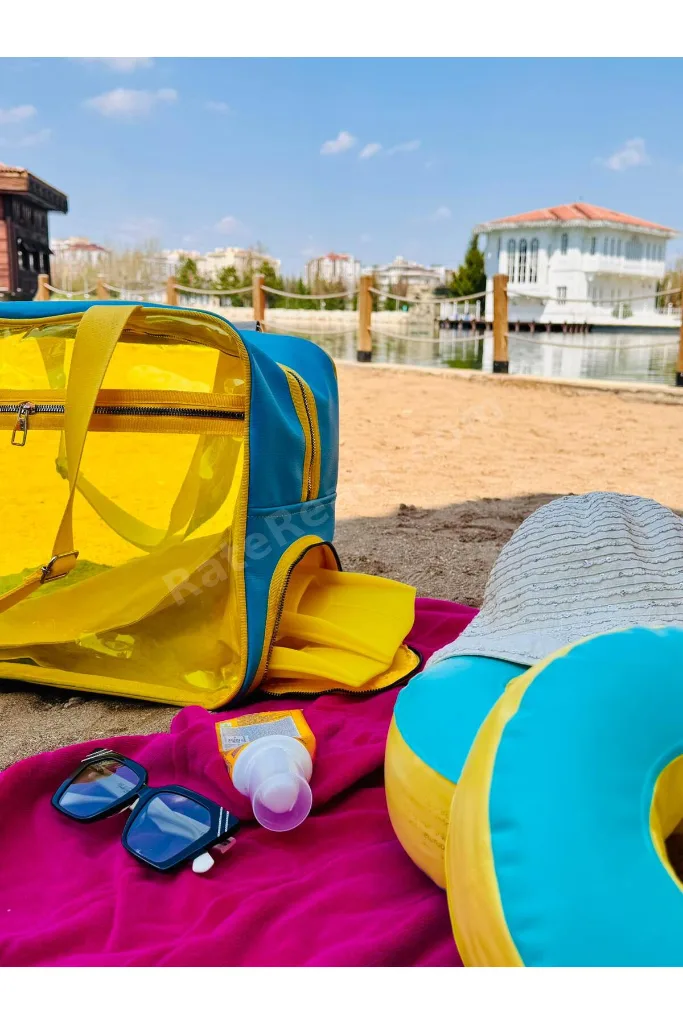Neon Suni Deri & Renkli Şeffaf PVC Yıkanabilir Islak ve Kumlu Eşya Cebi Olan Plaj Çantası