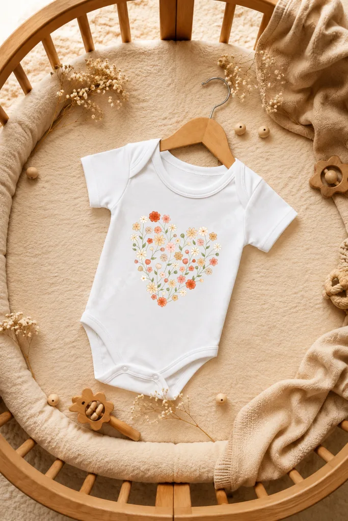 Çiçek Kalp Baskılı Kısa Kollu Bebek Zıbını Çıtçıtlı Body Beyaz %100 Pamuk