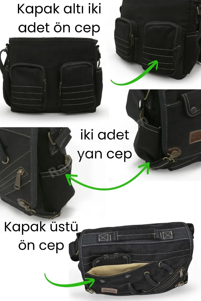 4017 Siyah 14" Laptop Pamuk Gabardin Postacı Okul Çantası Unisex Kilitli Çok Cepli Omuz Askılı