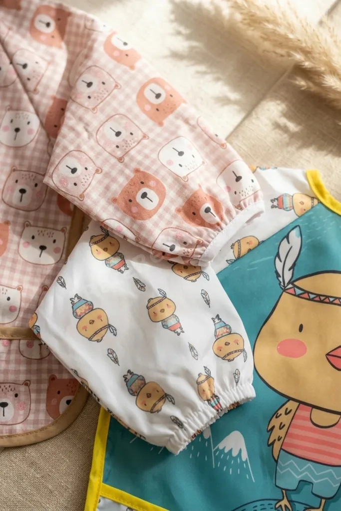 2'li Su Geçirmez Kollu Mama Önlüğü Seti - 6-24 Ay Ayıcık Ve Civciv Desenli, Leke Tutmaz, Elastik Man