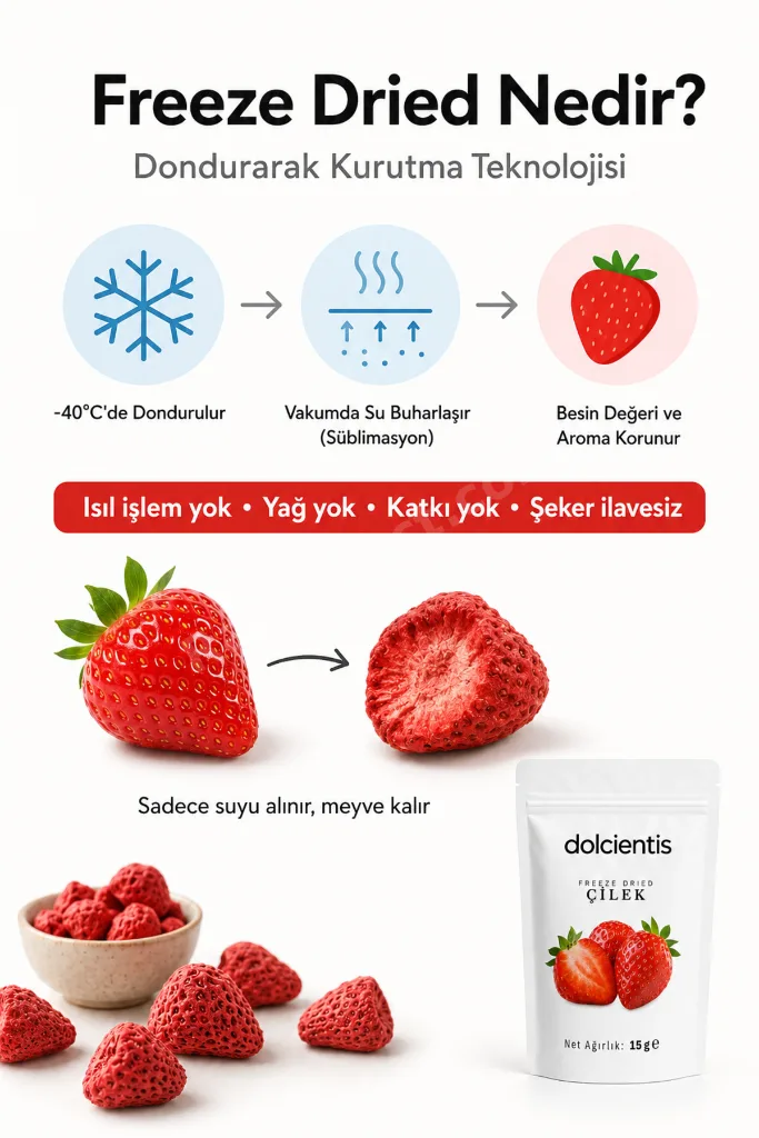 Freeze Dried Çilek 15 g Dondurularak Kurutulmuş Çıtır Çilek Cipsi Şeker İlavesiz