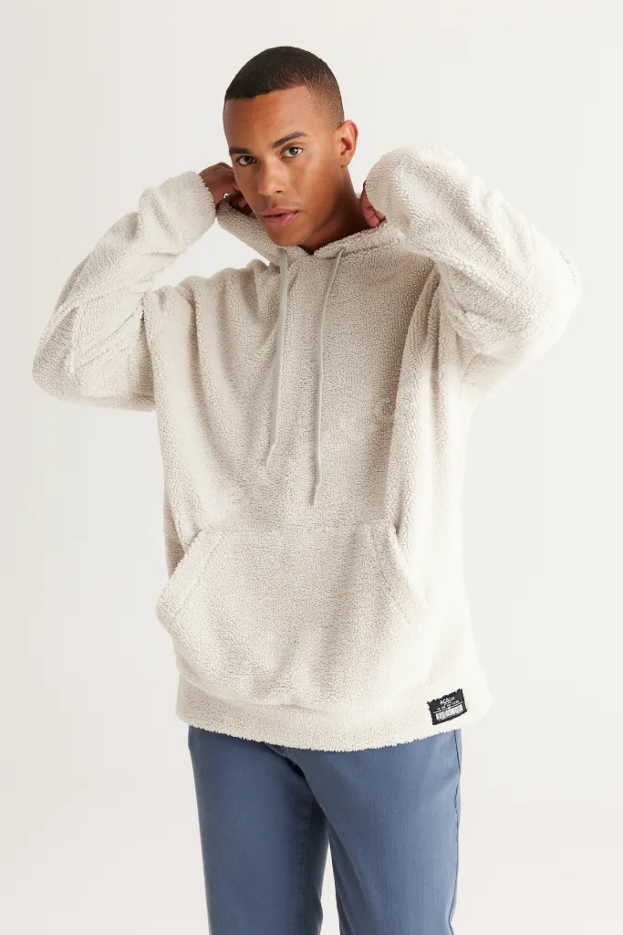 Bej Oversize Bol Kesim Kapüşonlu Sherpa Sweatshirt Polar