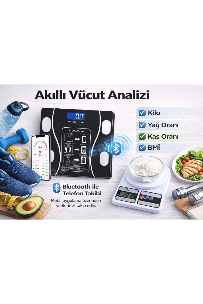 Spor Diyet 2 Li Set Akıllı Dijital Vücut Tartısı+Hassas Mutfak Tartısı Seti LCD Ekran 180 Kg / 10 Kg