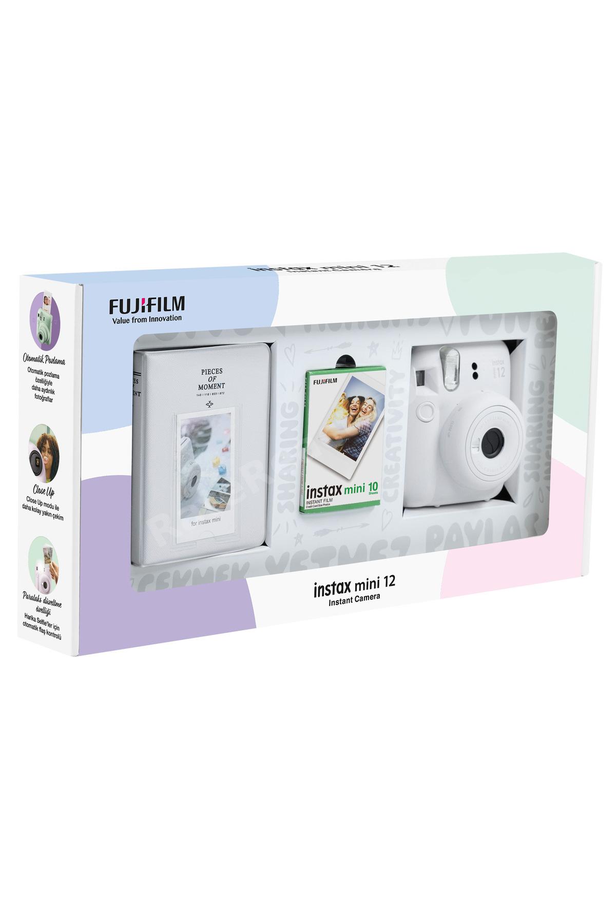 Instax mini 12 Beyaz Fotoğraf Makinesi 10'lu Film ve PVC Albüm Bundle Box
