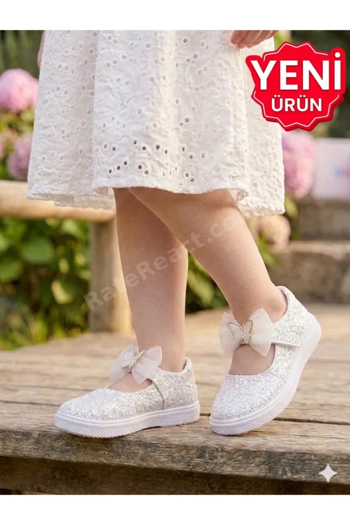 KIZ ÇOCUK BEYAZ RENKLİ FİYONKLU IŞILTILI SİMLİ ŞIK BABET