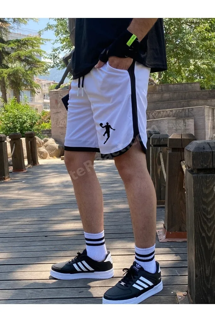 Erkek Beyaz Basketbol Futbol Çizgili Şort Fitness Spor Egzersizi Koşu