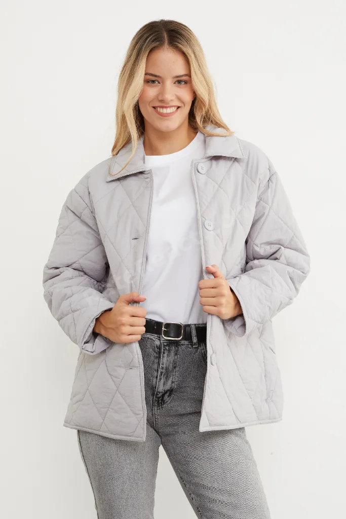 Kapitone Desenli Oversize Düğmeli Mont