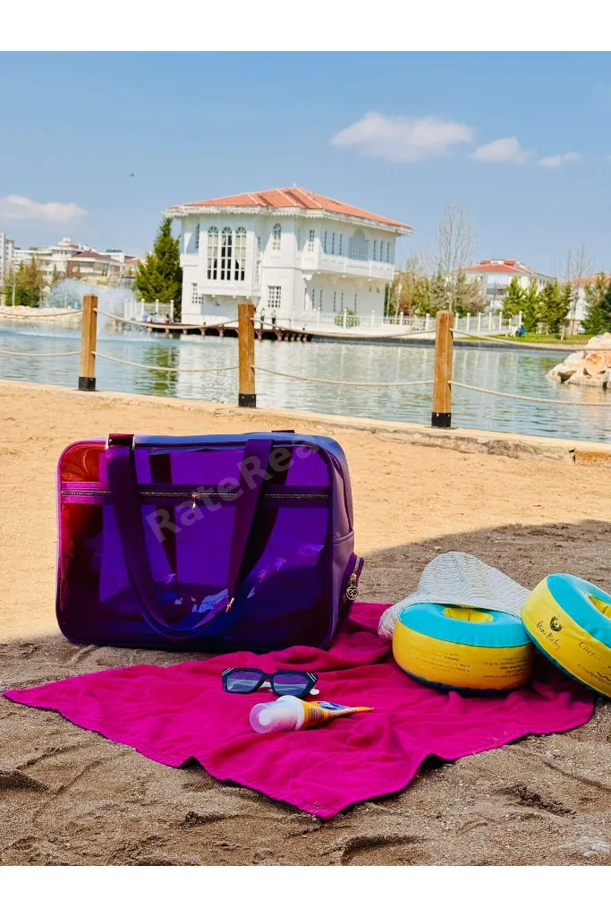 Neon Suni Deri & Renkli Şeffaf PVC Yıkanabilir Islak ve Kumlu Eşya Cebi Olan Plaj Çantası