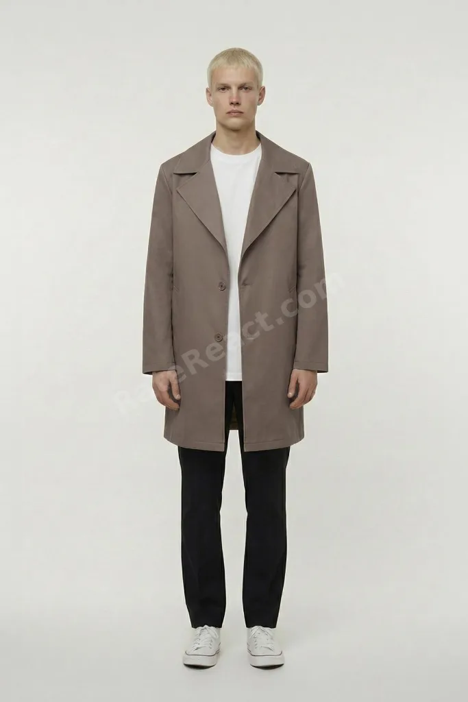 Erkek Kahve Geniş Kesim Oversize Fit Pamuklu Dokuma Yan Cepli Orta Boy Ceket Yaka Trençkot